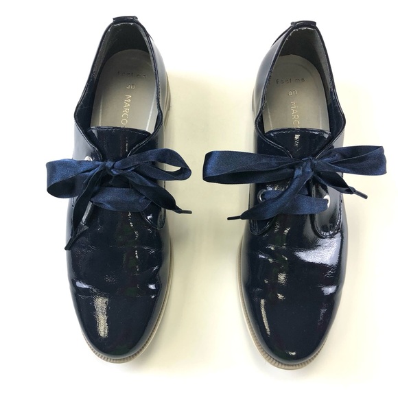 Marco Tozzi navy patent French blue Derby tie up womens shoe Size 40 ribbon lace - Picture 2 of 13